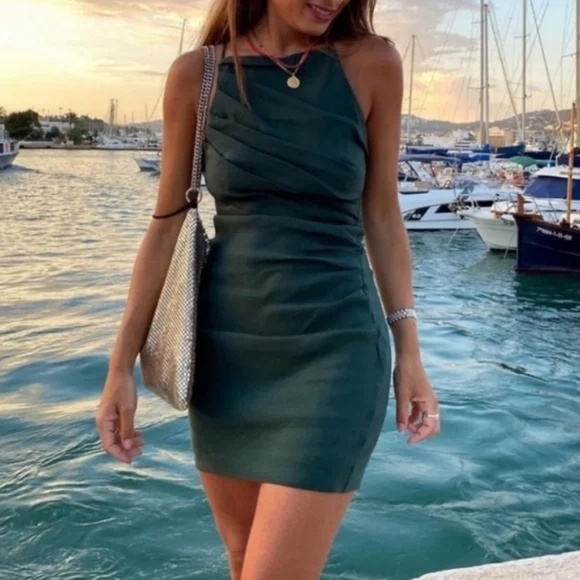 Zara strappy ruched deep green mini dress - Picture 1 of 8